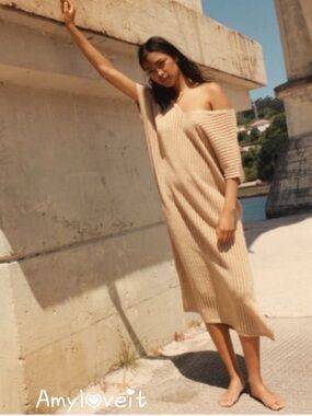 Zara Knit Midi Gold Metallic Thread Knit Kaftan Dress #93